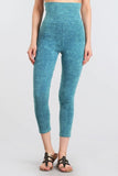 Chatoyant Mineral Wash Fold Over Waist Capris Teal Blue
