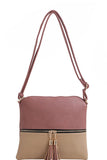 Faux Vegan Leather Two-Tone Front Pocket Tassel Accent Crossbody Mauve Taupe