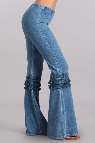 Chatoyant Mineral Washed Bell Bottoms with Fringed Crochet Lace Lt. Denim