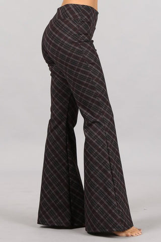 Chatoyant Plus Size Plaid Print Flared Bell Pants Maroon