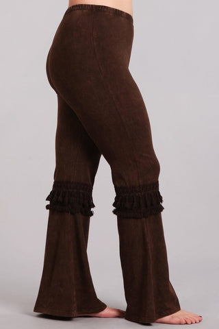 Chatoyant Plus Size Mineral Washed Bell Bottoms with Fringed Crochet Lace Brown