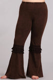 Chatoyant Plus Size Mineral Washed Bell Bottoms with Fringed Crochet Lace Brown