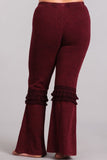Chatoyant Plus Size Mineral Washed Bell Bottoms with Fringed Crochet Lace Burgundy