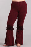 Chatoyant Plus Size Mineral Washed Bell Bottoms with Fringed Crochet Lace Burgundy