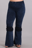 Chatoyant Plus Size Mineral Washed Bell Bottoms with Fringed Crochet Lace Electric Blue