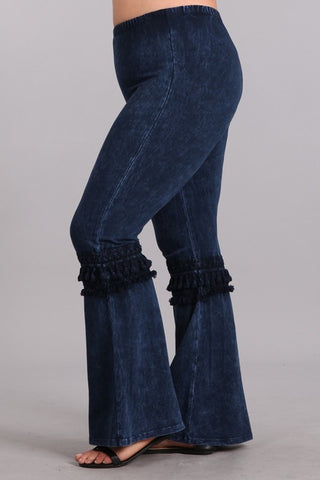 Chatoyant Plus Size Mineral Washed Bell Bottoms with Fringed Crochet Lace Electric Blue