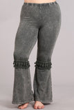 Chatoyant Plus Size Mineral Washed Bell Bottoms with Fringed Crochet Lace Taupe Gray