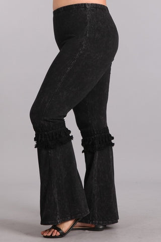 Chatoyant Plus Size Mineral Washed Bell Bottoms with Fringed Crochet Lace Black