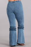 Chatoyant Plus Size Mineral Washed Bell Bottoms with Fringed Crochet Lace Lt Denim