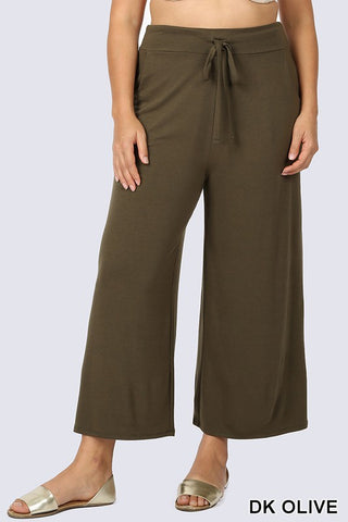 Plus Size Cropped Lounge Pants with Side Pockets Dark Olive