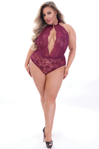 Plus Size 7 Til Midnight  Lace High Neck Teddy