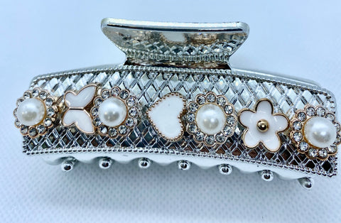 Designer Inspired Hair Clip Silver and Gold with Rhinestones and Pearls