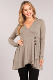 Chatoyant Fabulous Faux Wrap V-neck Tunic Top Taupe Brown