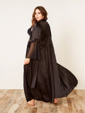 Plus Size Black Long Satin Robes w/Lace