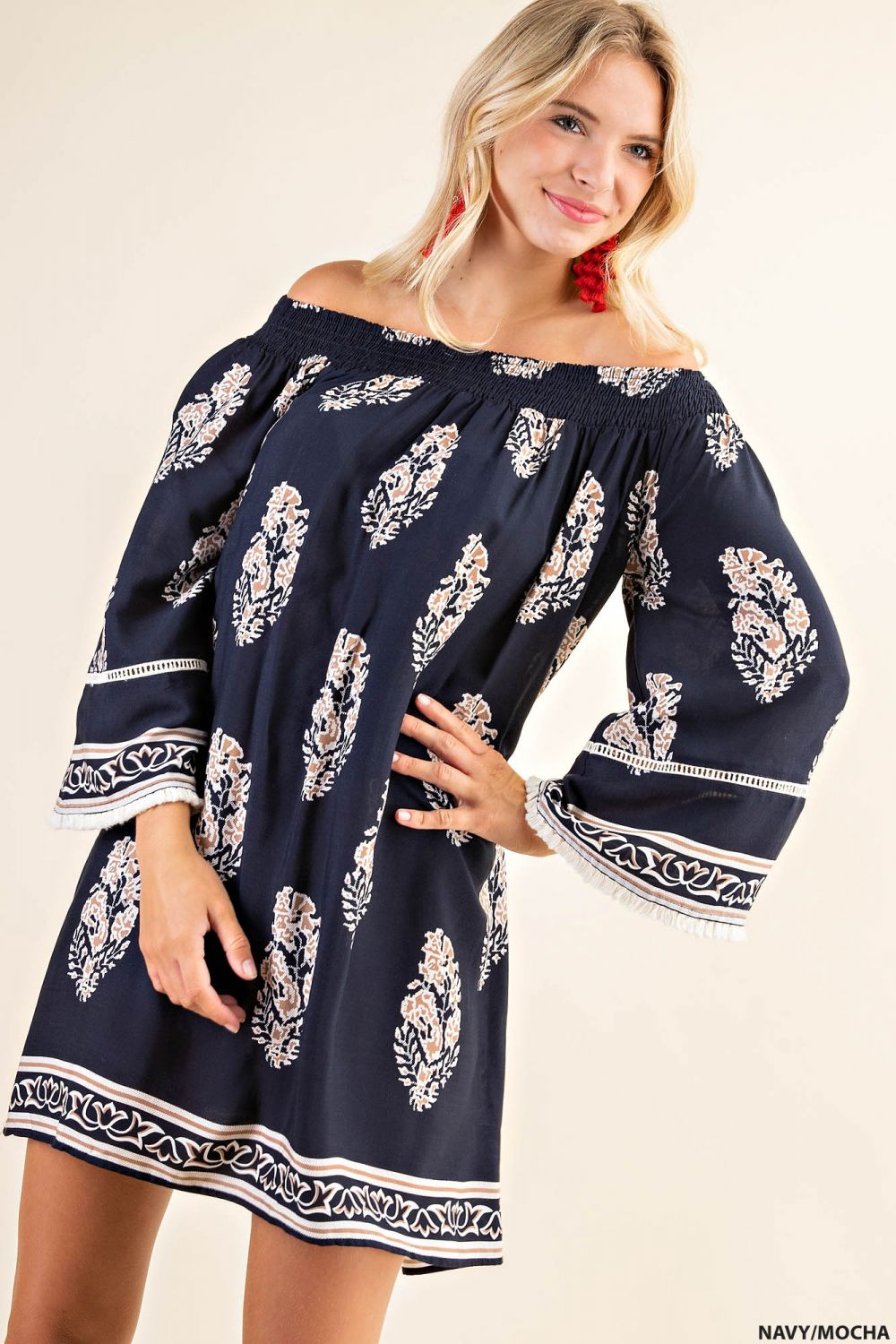 off the shoulder hippie dress Kori Off Shoulder Boho Dress Small / Navy/Mocha